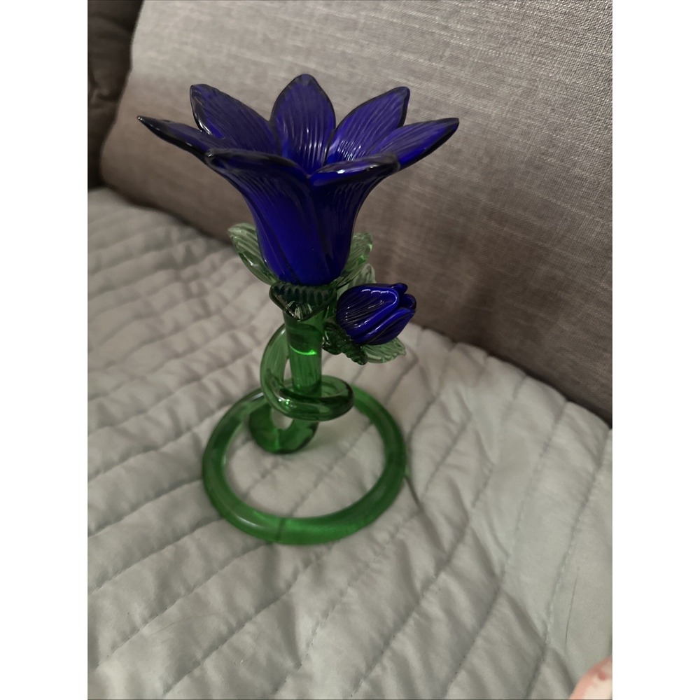 Vintage Blue Tulips Green Petals Blown Glass Flower Candle Holder Glass Stem 6"
